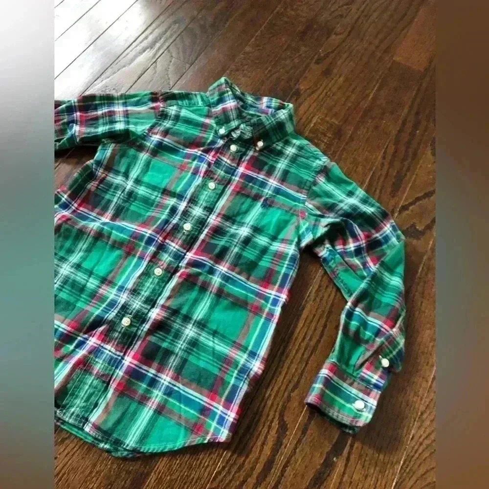 Ralph Lauren Boys 5 Green Plaid Oxford Cotton Button-Up Shirt - VGUC! - Picture 3 of 10